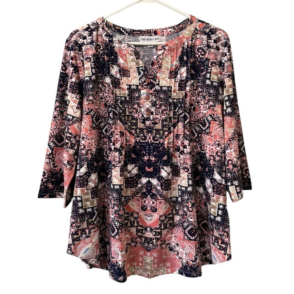 Southern Lady Women Size‎ Medium Pleated Tunic Blouse Top V Neck Buttons Casual